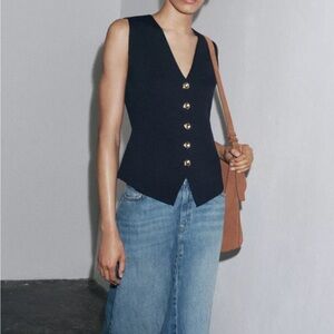 Zara - Knit Navy Blue Buttoned Vest